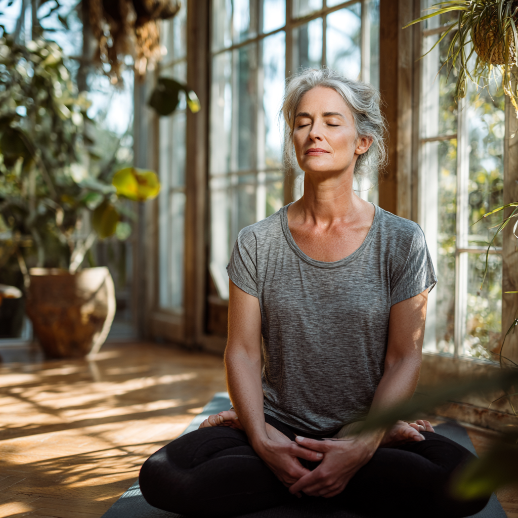 Mature woman enjoying peaceful yoga session in natural studio environment