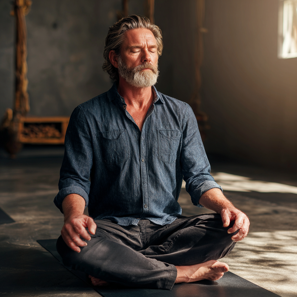 Middle-aged man practicing meditation in peaceful yoga studio setting