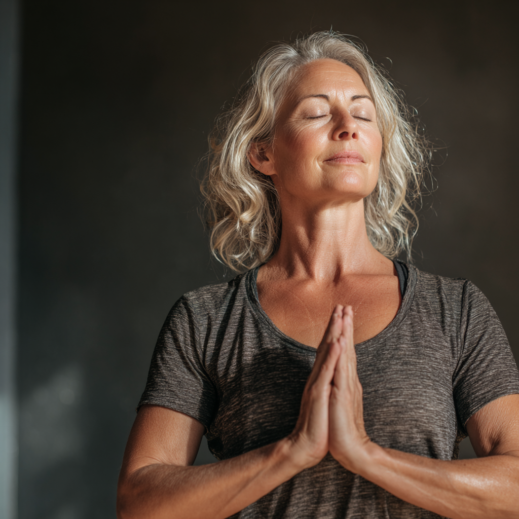 Woman in her fifties practicing gentle yoga poses in serene studio environment